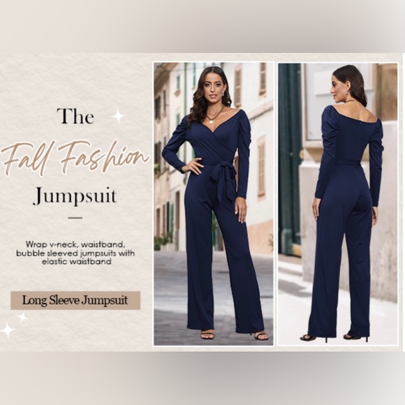 Women's Sexy Wrap Top Wide Leg Long Sleeve Cocktail V Neck Jumpsuit - Picture 2 of 10